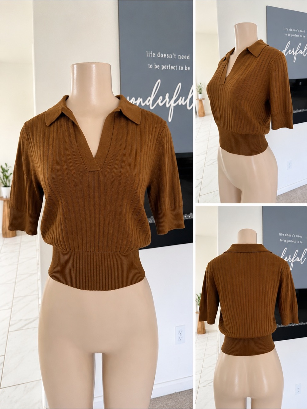 Steve Madden Chestnut Ribbed Short Sleeve Polo Top